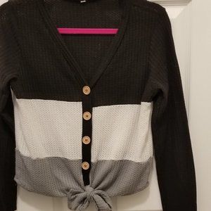 Tri-color Waffle Knit Front Tie Button Up Top Size M